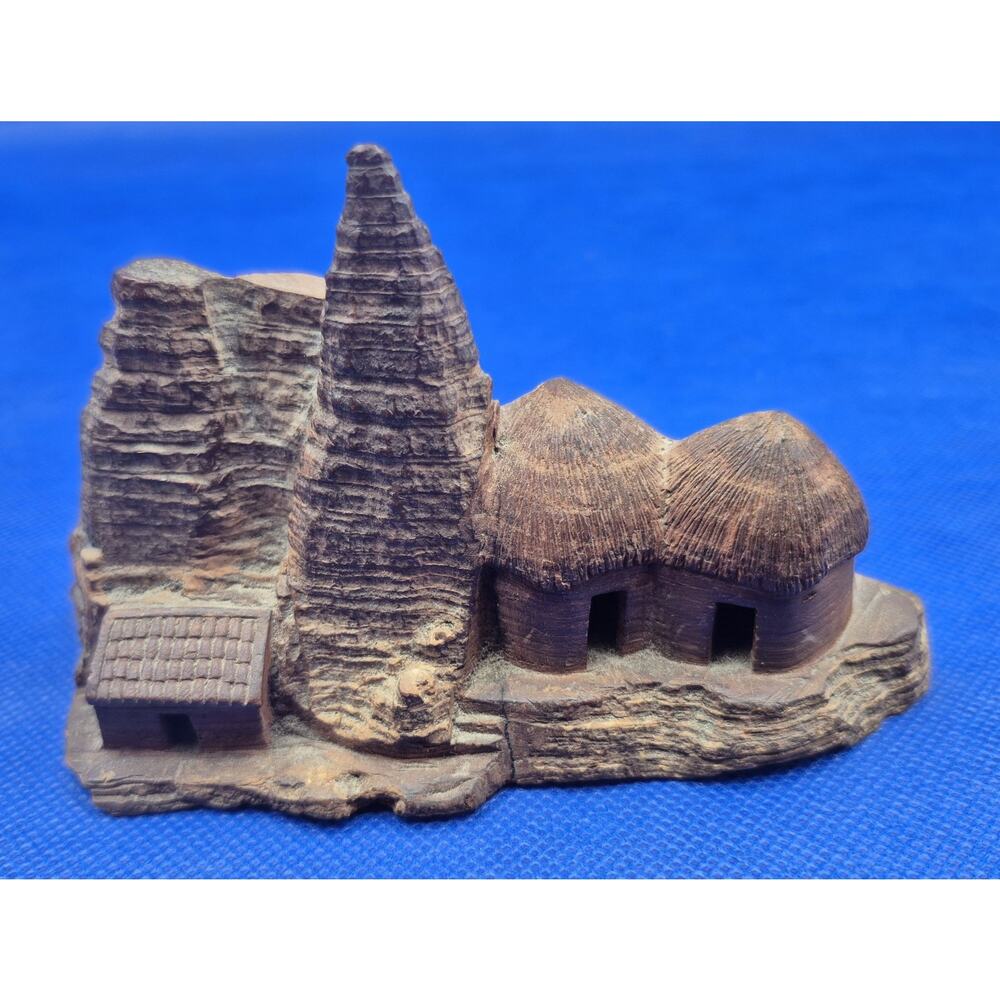 Vintage Guatemalan Hand-Carved Wood Village Scene Huts Spire 5.5x3"